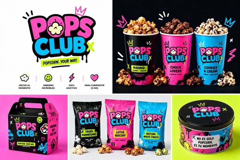 Identidad de POPS Club: logotipo, vasos, bolsas, caja y lata de palomitas de distintos sabores