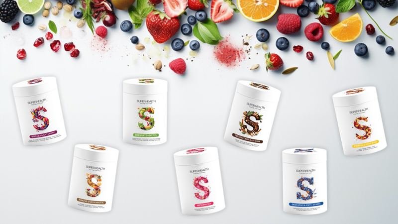 Gama de botes de SuperHealth Laboratories rodeados de frutas e ingredientes naturales